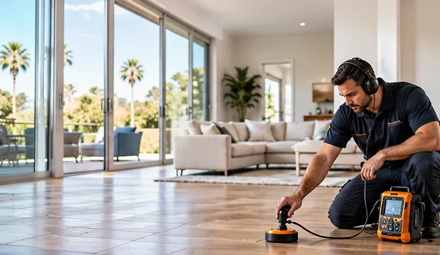 Leak detection technician using professional acoustic equipment to investigate a possible slab leak