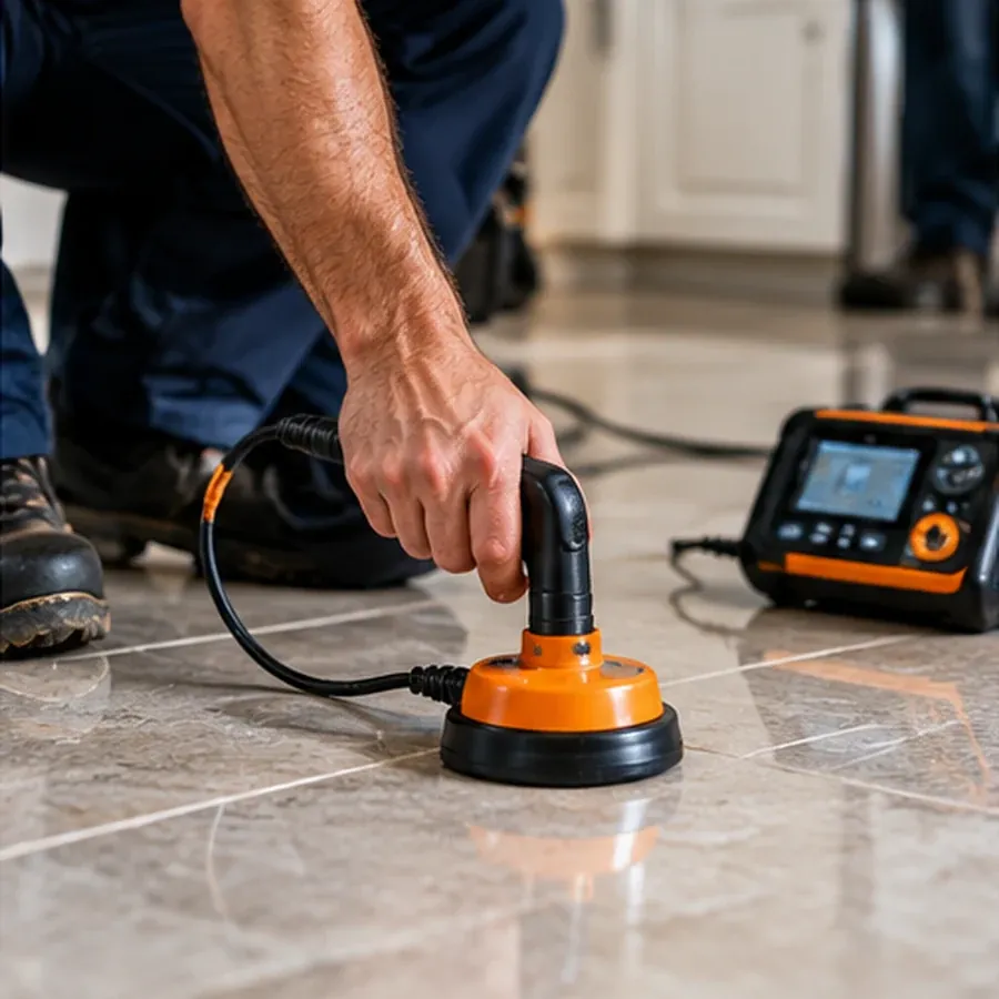 Acoustic ground sensor on a tile floor connected to a detection unit