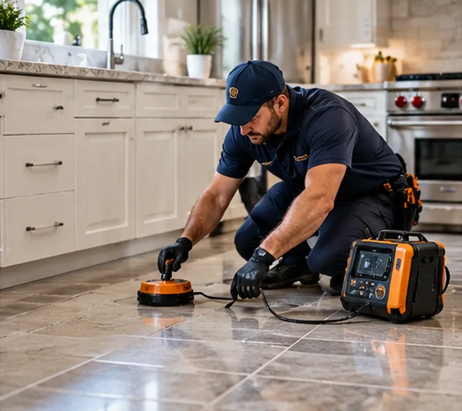 Technician documenting a suspected leak with detection equipment on a kitchen floor