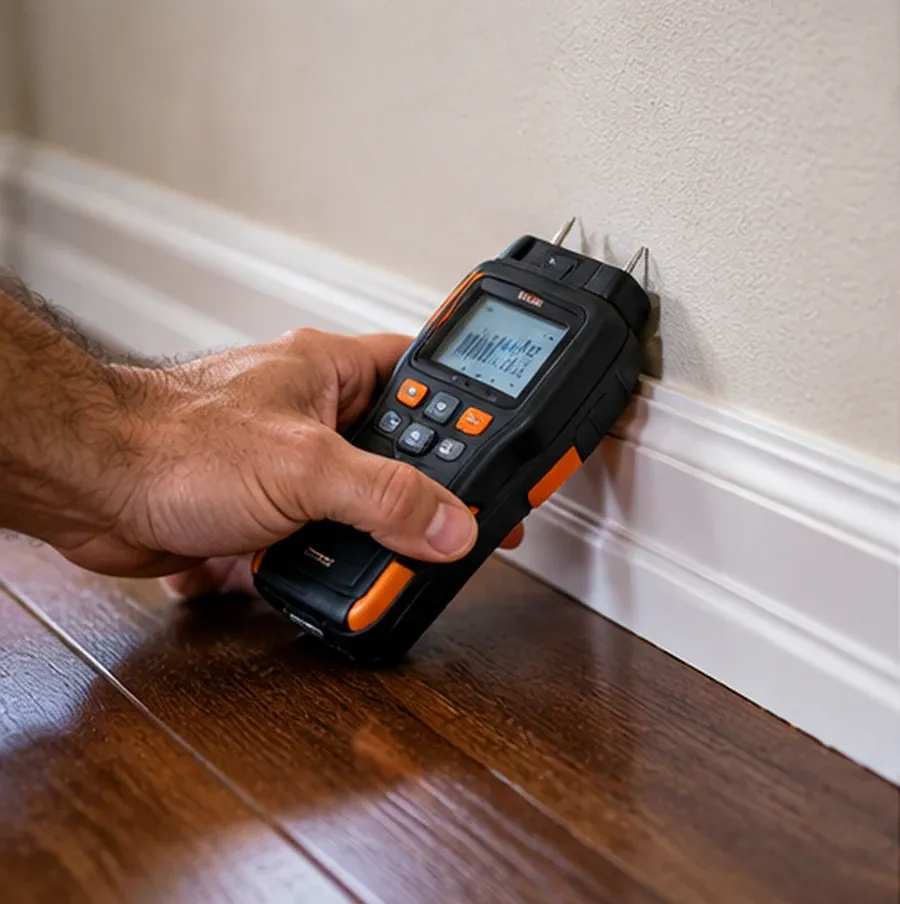 Moisture meter pressed against a baseboard while checking a damp wall for leaks