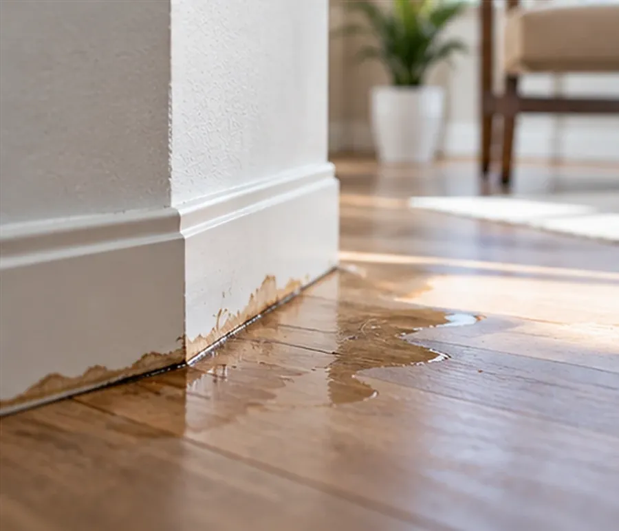Water pooling on a wood floor along a white baseboard, a possible sign of a hidden leak